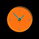 A simple orange clock with white hands indicating the time, symbolizing business hours.