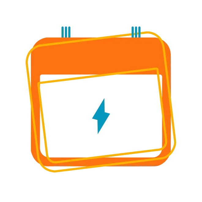 An orange square with a blue lightning bolt, representing online booking or fast service.