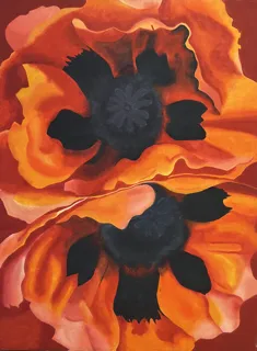A vibrant painting of an orange and black flower, with the woman's face next to it, drawn by Dr.Andrea