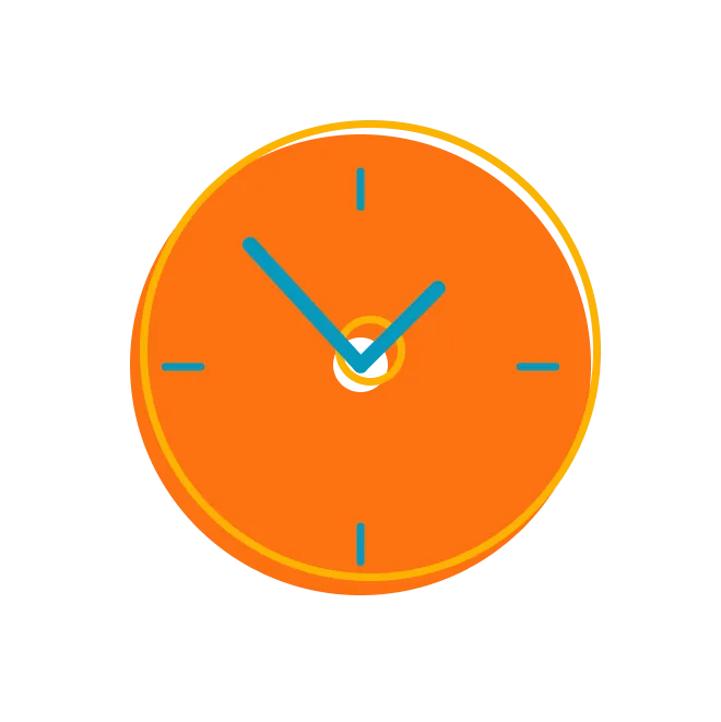 A simple orange clock with white hands indicating the time, symbolizing business hours.