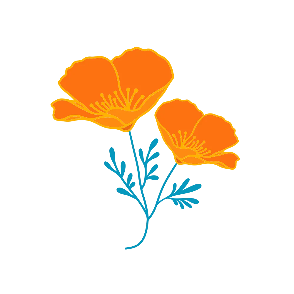 The image shows a pair of orange California poppy flowers with blue stems and leaves. Each flower has detailed lines marking the petals and the flower's center, suggesting the texture and folds typically seen in poppies. The blue and orange colors provide a complementary contrast, making the image vibrant and visually appealing. The simple and clean illustration style gives the image a cheerful and modern look.